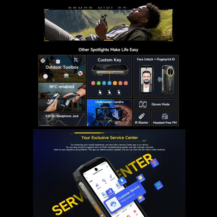 Ulefone Armor Mini 20，夜視，8GB+256GB，IP68/IP69K 耐用手機，4.7 吋 Android 14 聯發科 Dimensity 6300 八核心，網路：4G，NFC，OTG，Armor Mini 20