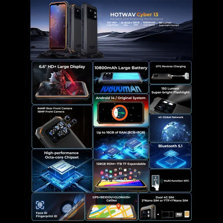 HOTWAV CYBER 13，IP68/IP69K 耐用手機，8GB+128GB，10800mAh，6.6 吋 Android 14.0 Unisoc T606 八核心，網路：4G，NFC，OTG