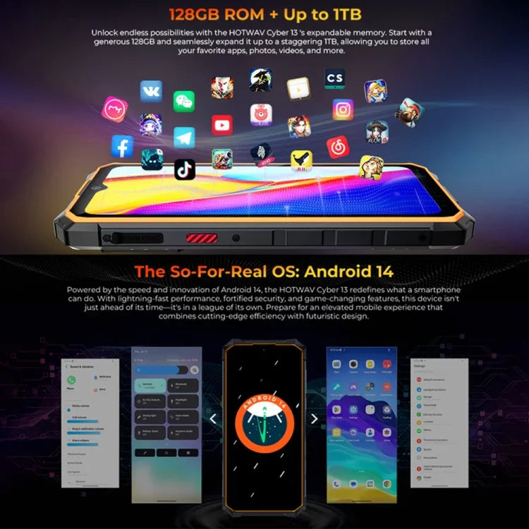 HOTWAV CYBER 13，IP68/IP69K 耐用手機，8GB+128GB，10800mAh，6.6 吋 Android 14.0 Unisoc T606 八核心，網路：4G，NFC，OTG