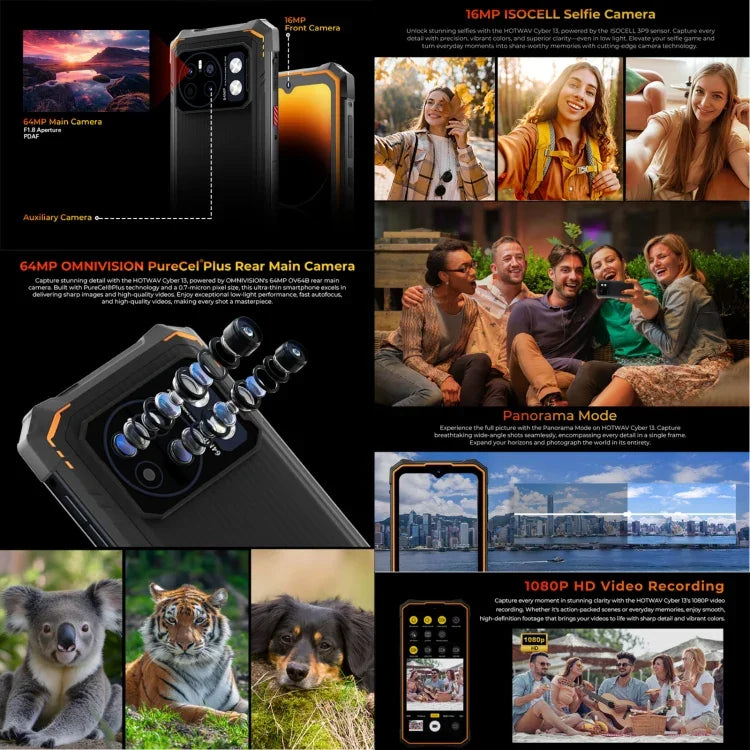 HOTWAV CYBER 13，IP68/IP69K 耐用手機，8GB+128GB，10800mAh，6.6 吋 Android 14.0 Unisoc T606 八核心，網路：4G，NFC，OTG