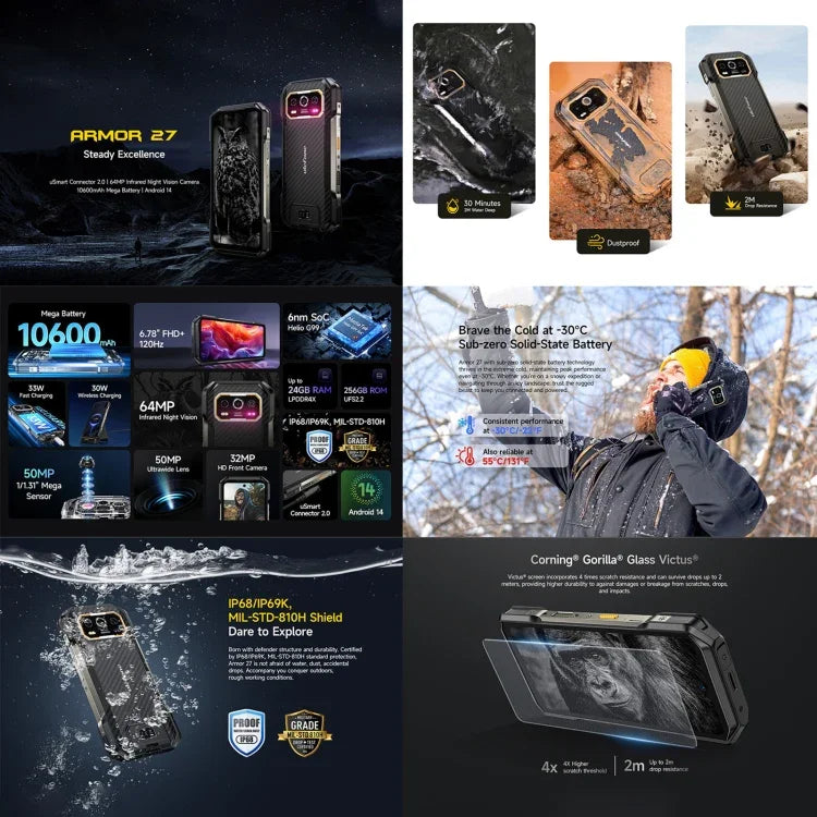 Ulefone Armor 27 耐用手機，12GB+256GB，夜視，10600mAh，6.78 吋 Android 14 聯發科 Helio G99 八核心，網路：4G，NFC，OTG，Armor 27