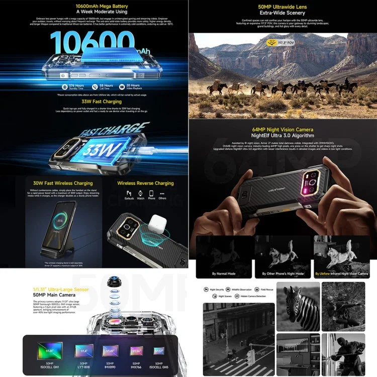 Ulefone Armor 27 耐用手機，12GB+256GB，夜視，10600mAh，6.78 吋 Android 14 聯發科 Helio G99 八核心，網路：4G，NFC，OTG，Armor 27