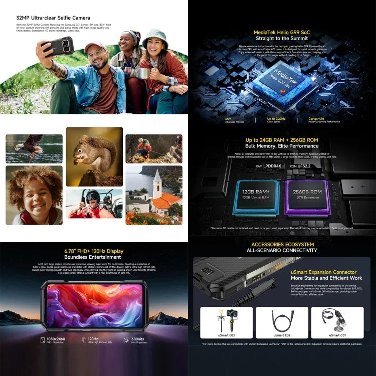 Ulefone Armor 27 耐用手機，12GB+256GB，夜視，10600mAh，6.78 吋 Android 14 聯發科 Helio G99 八核心，網路：4G，NFC，OTG，Armor 27