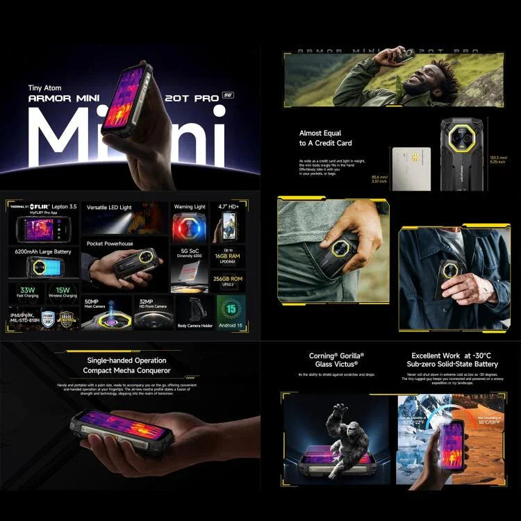 Ulefone Armor Mini 20T Pro，熱成像，8GB+256GB，IP68/IP69K 耐用手機，4.7 吋 Android 14 聯發科 Dimensity 6300 5G 八核心，網路：5G，NFC，OTG，Armor Mini 20T Pro