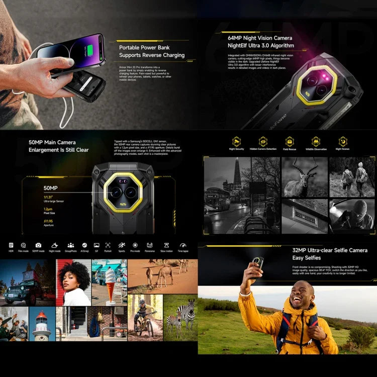 Ulefone Armor Mini 20 Pro，8GB+256GB，IP68/IP69K 耐用手機，4.7 吋 Android 14 聯發科 Dimensity 6300 5G 八核心，網路：5G，NFC，OTG，Armor Mini 20 Pro