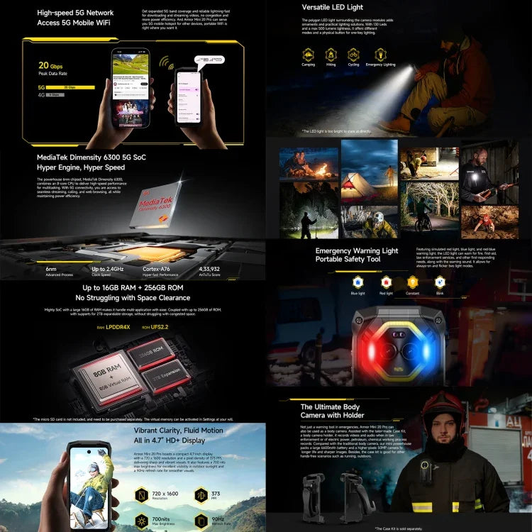 Ulefone Armor Mini 20 Pro，8GB+256GB，IP68/IP69K 耐用手機，4.7 吋 Android 14 聯發科 Dimensity 6300 5G 八核心，網路：5G，NFC，OTG，Armor Mini 20 Pro