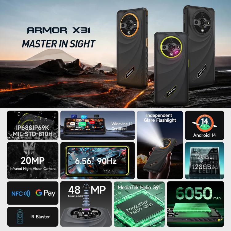 Ulefone Armor X31，6GB+128GB，夜視，IP68/IP69K 防護型手機，6.56 吋 Android 14 MediaTek Helio G91 八核心，網絡：4G，NFC，OTG，Armor X31