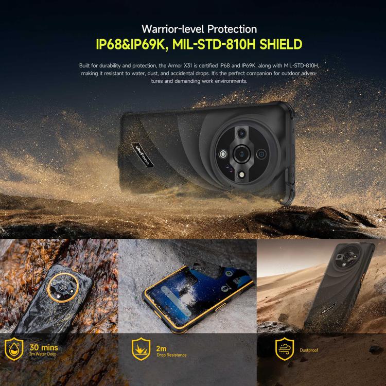 Ulefone Armor X31，6GB+128GB，夜視，IP68/IP69K 防護型手機，6.56 吋 Android 14 MediaTek Helio G91 八核心，網絡：4G，NFC，OTG，Armor X31