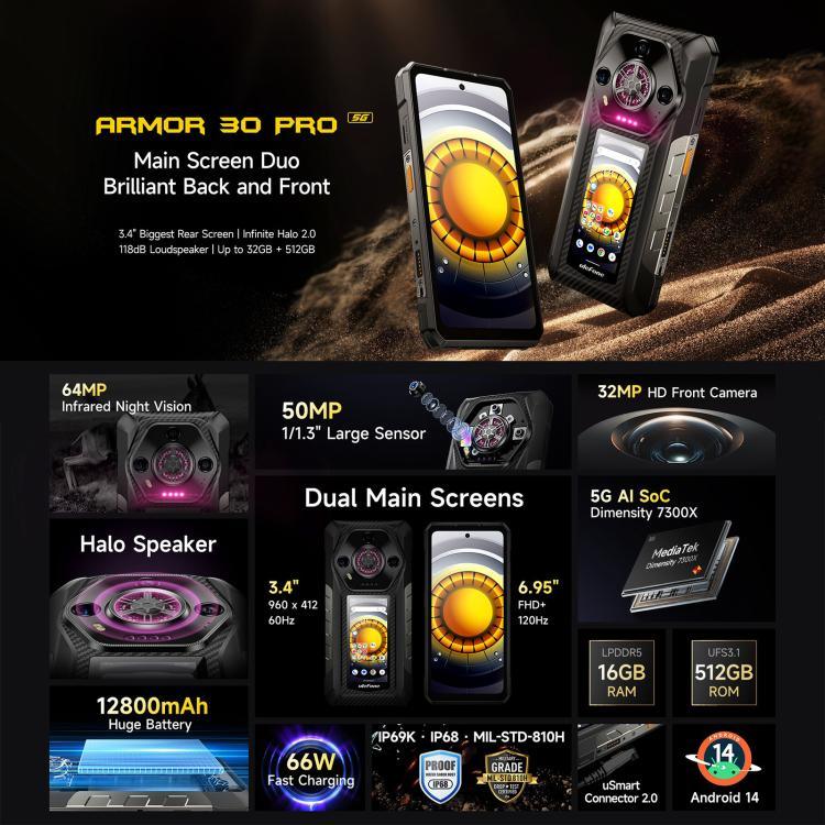 Ulefone Armor 30 Pro 防護型手機，16GB+512GB，夜視，6.95 吋 + 3.4 吋 雙螢幕 Android 14 MediaTek Dimensity 7300X 八核心，網絡：5G，OTG，NFC，Armor 30 Pro