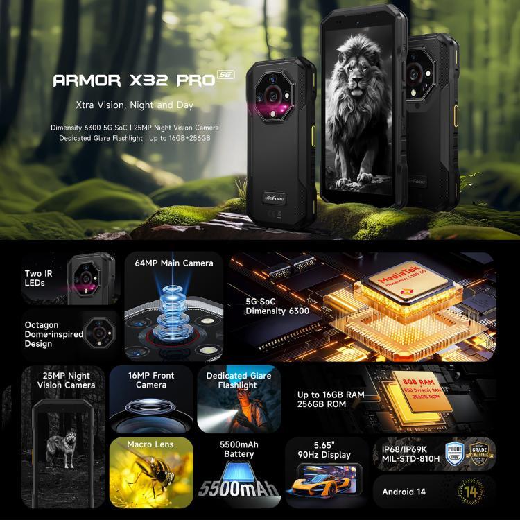 Ulefone Armor X32 Pro 5G，8GB+256GB，夜視，IP68/IP69K 防護型手機，5.65 吋 Android 14 MediaTek Dimensity 6300 八核心，網絡：5G，NFC，OTG，Armor X32 Pro 5G