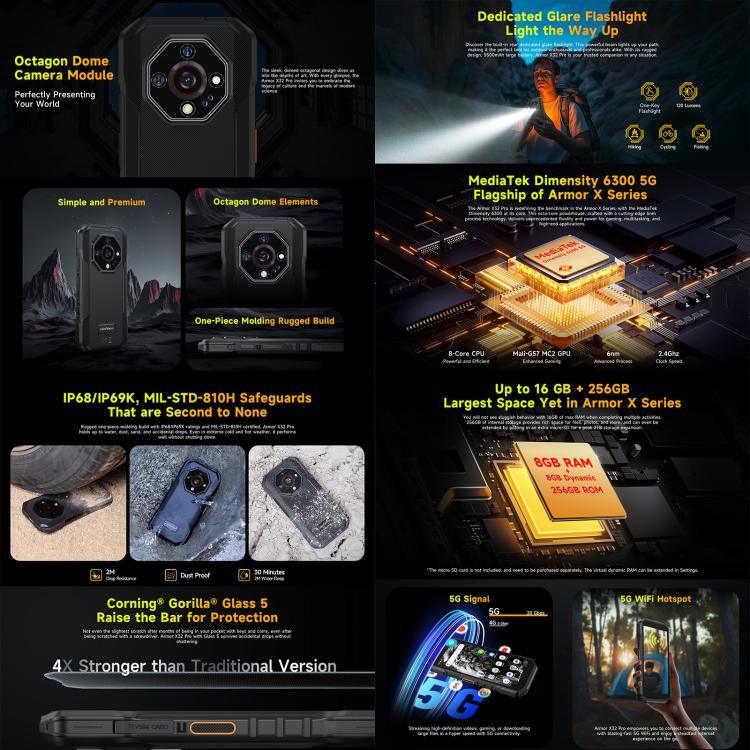 Ulefone Armor X32 Pro 5G，8GB+256GB，夜視，IP68/IP69K 防護型手機，5.65 吋 Android 14 MediaTek Dimensity 6300 八核心，網絡：5G，NFC，OTG，Armor X32 Pro 5G