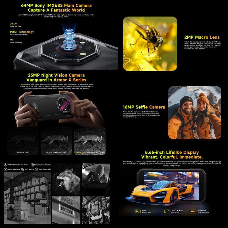Ulefone Armor X32 Pro 5G，8GB+256GB，夜視，IP68/IP69K 防護型手機，5.65 吋 Android 14 MediaTek Dimensity 6300 八核心，網絡：5G，NFC，OTG，Armor X32 Pro 5G