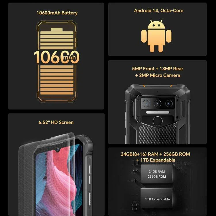 Oukitel WP23 Plus 防護型手機，8GB+256GB，6.52 吋 Android 14.0 Unisoc T606 八核心，NFC，OTG，網絡：4G，WP23 Plus 8GB+256GB