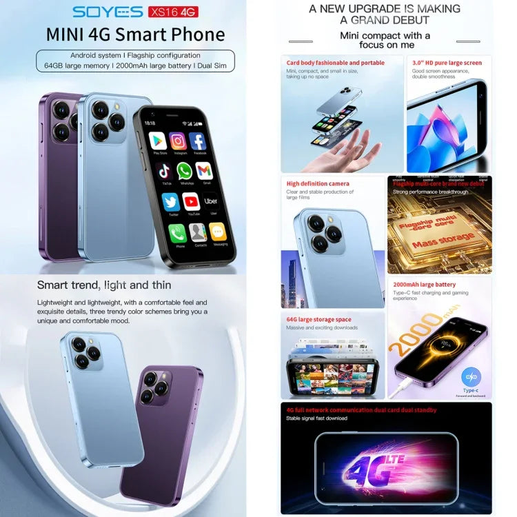 SOYES XS16，2GB+16GB，3.0 吋 Android 10.0 MTK6737 四核心，藍牙，WiFi，網路：4G，雙 SIM，支援 Google Play 商店，2GB+16GB