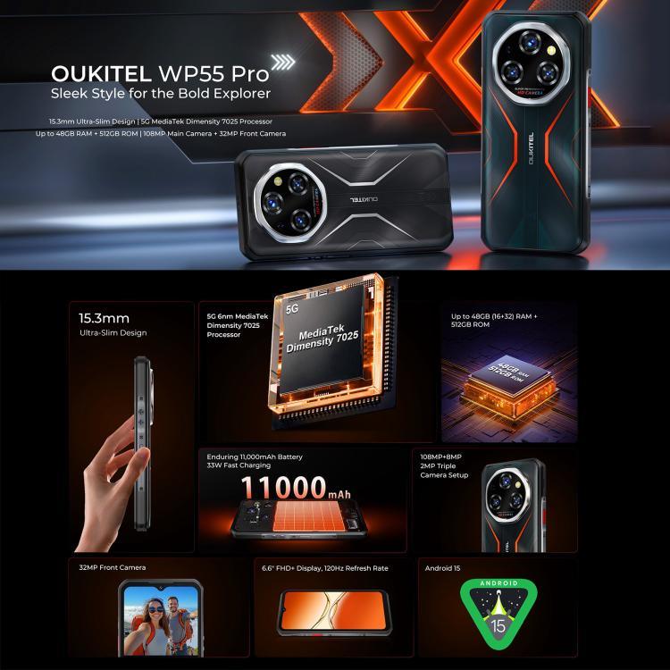 Oukitel WP55 Pro 5G 三防手機，16GB+512GB，108MP 相機，指紋識別，6.6 吋 Android 15 MediaTek Dimensity 7025 八核心，NFC，OTG，網絡：5G，WP55 Pro
