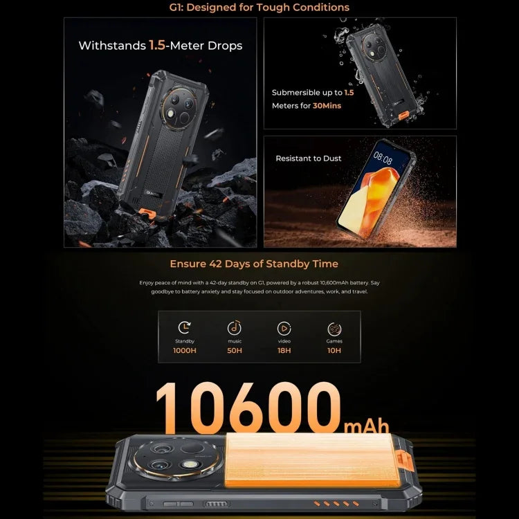 Oukitel G1 耐用手機，6GB+256GB，指紋識別，6.52 吋 Android 14 T606 八核心，NFC，OTG，網路：4G