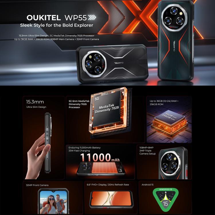 Oukitel WP55 5G 三防手機，12GB+256GB，108MP 相機，指紋識別，6.6 吋 MediaTek Dimensity 7025 八核心，NFC，OTG，網絡：5G，WP55