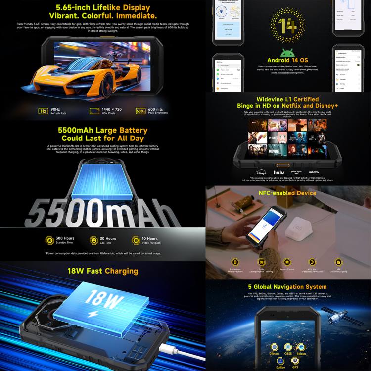 Ulefone Armor X32 三防手機，8GB+256GB，夜視，5.65 吋 Android 14 MediaTek Helio G91 八核心，網絡：4G，NFC，OTG