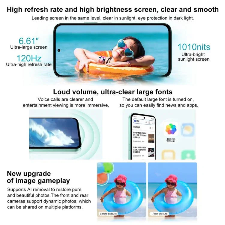 榮耀 Play 60，6GB+128GB，側邊指紋，6.61 吋 MagicOS 9.0 Dimensity 6300 八核心，網絡：5G，OTG，Play 60，6GB+128GB，6GB+128GB
