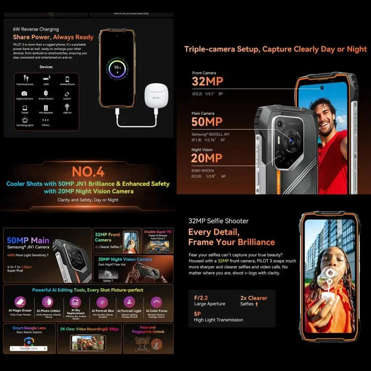 Blackview Oscal Pilot 3 5G 耐用手機，12GB+256GB，夜視相機，6.56 吋 Android 15 MediaTek Dimensity 6300 八核心，網路：5G，OTG，NFC