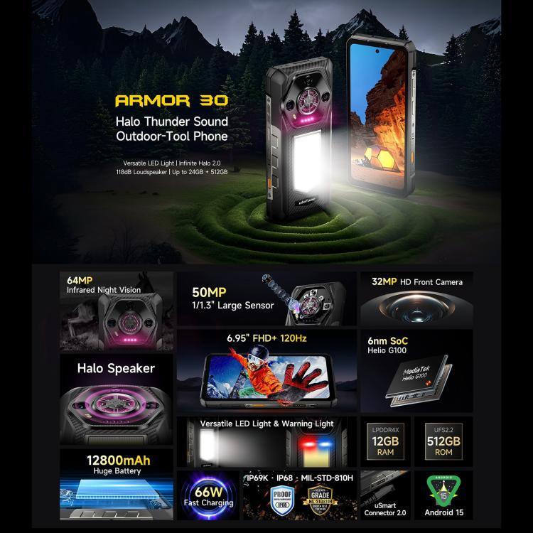 Ulefone Armor 30，12GB+512GB，夜視，IP68/IP69K 耐用手機，6.95 吋 Android 15 MediaTek Helio G100 八核心，網路：4G，NFC，OTG，Armor 30