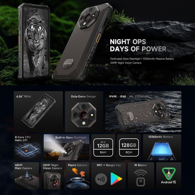Ulefone Armor X16，6GB+128GB，夜視，IP68/IP69K 耐用手機，6.56 吋 Android 15 MediaTek Helio G91 八核心，網路：4G，NFC，OTG，Armor X16，6GB+128GB