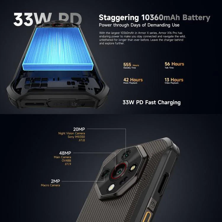 Ulefone Armor X16，6GB+128GB，夜視，IP68/IP69K 耐用手機，6.56 吋 Android 15 MediaTek Helio G91 八核心，網路：4G，NFC，OTG，Armor X16，6GB+128GB