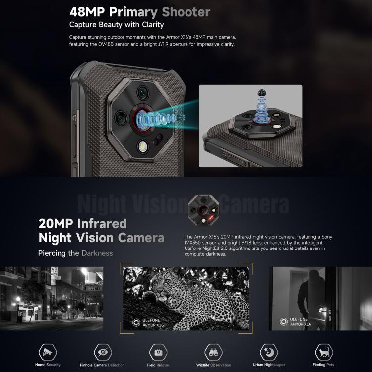 Ulefone Armor X16，6GB+128GB，夜視，IP68/IP69K 耐用手機，6.56 吋 Android 15 MediaTek Helio G91 八核心，網路：4G，NFC，OTG，Armor X16，6GB+128GB