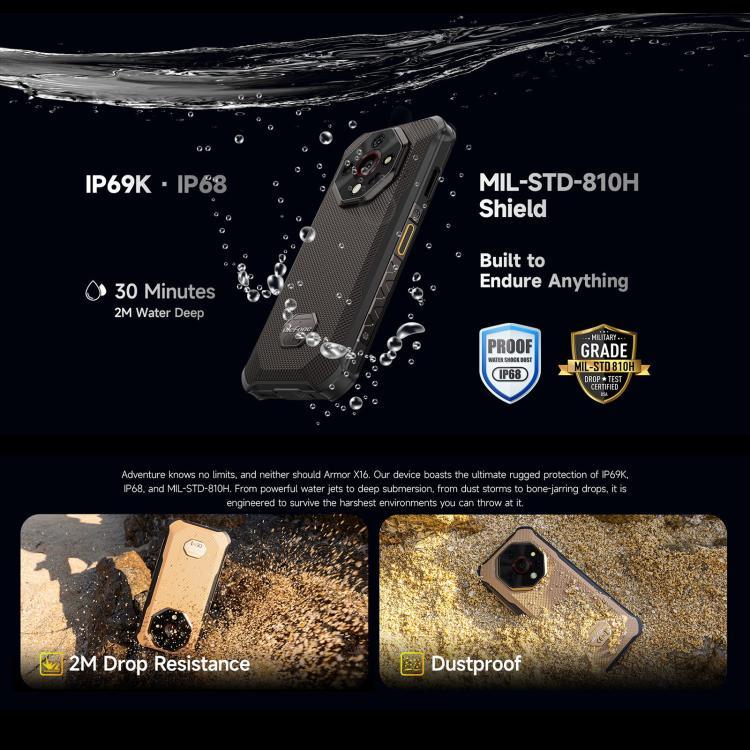 Ulefone Armor X16，6GB+128GB，夜視，IP68/IP69K 耐用手機，6.56 吋 Android 15 MediaTek Helio G91 八核心，網路：4G，NFC，OTG，Armor X16，6GB+128GB