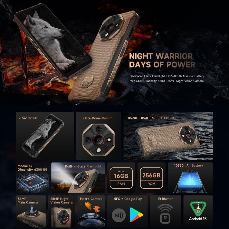 Ulefone Armor X16 Pro，5GB+256GB，夜視，IP68/IP69K 耐用手機，6.56 吋 Android 15 MediaTek Dimensity 6300 八核心，網路：5G，NFC，OTG，Armor X16 Pro，8GB+256GB