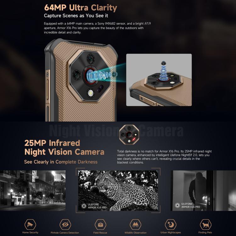 Ulefone Armor X16 Pro，5GB+256GB，夜視，IP68/IP69K 耐用手機，6.56 吋 Android 15 MediaTek Dimensity 6300 八核心，網路：5G，NFC，OTG，Armor X16 Pro，8GB+256GB