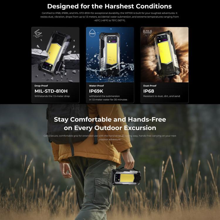 Oukitel WP100 雷射測距儀耐用手機，12GB+512GB，200MP 相機，指紋識別，6.8 吋 Android 14 MediaTek Dimensity 7300 八核心，NFC，OTG，網路：5G，WP100