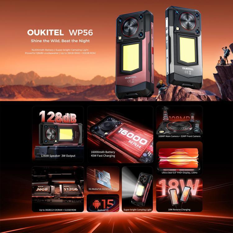 Oukitel WP56 耐用手機，12GB+512GB，108MP 相機，指紋識別，6.8 吋 Android 15 MTK Dimensity 7050 八核心，NFC，OTG，網路：5G
