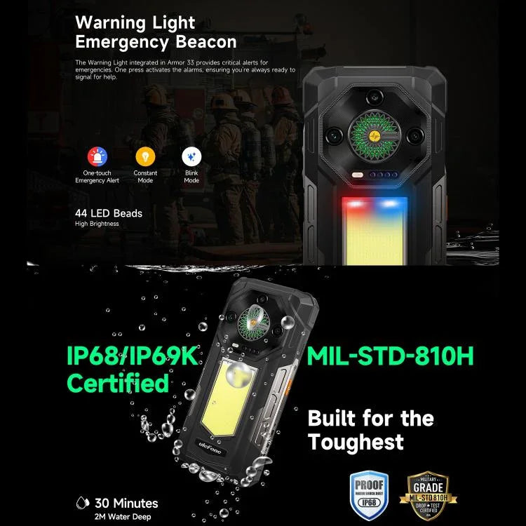 Ulefone Armor 33 耐用手機，12GB+512GB，6.95 吋 Android 15 MediaTek Helio G100 八核心，網路：4G，OTG，NFC，LED 燈，Armor 33
