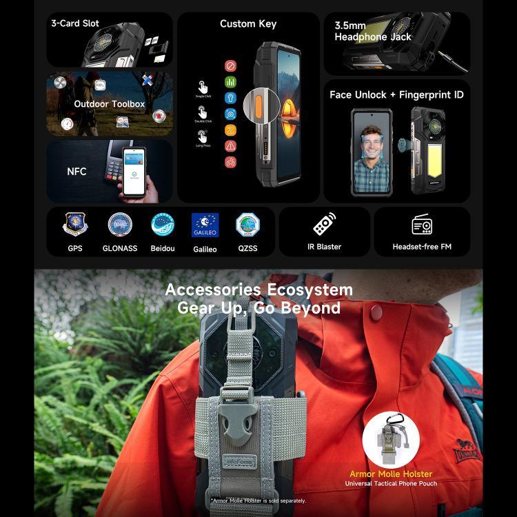 Ulefone Armor 33 耐用手機，12GB+512GB，6.95 吋 Android 15 MediaTek Helio G100 八核心，網路：4G，OTG，NFC，LED 燈，Armor 33
