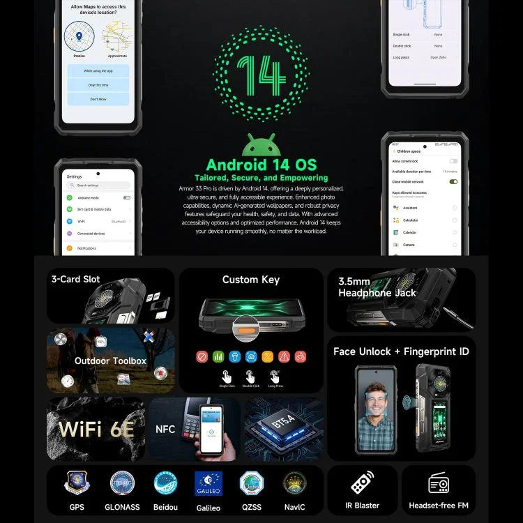 Ulefone Armor 33 Pro 耐用手機，16GB+512GB，夜視，6.95 吋 + 3.4 吋 雙螢幕 Android 14 MediaTek Dimensity 7300X 八核心，網路：5G，OTG，NFC，Armor 33 Pro
