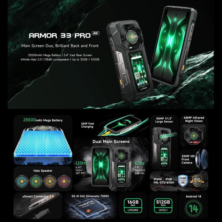 Ulefone Armor 33 Pro 耐用手機，16GB+512GB，夜視，6.95 吋 + 3.4 吋 雙螢幕 Android 14 MediaTek Dimensity 7300X 八核心，網路：5G，OTG，NFC，Armor 33 Pro