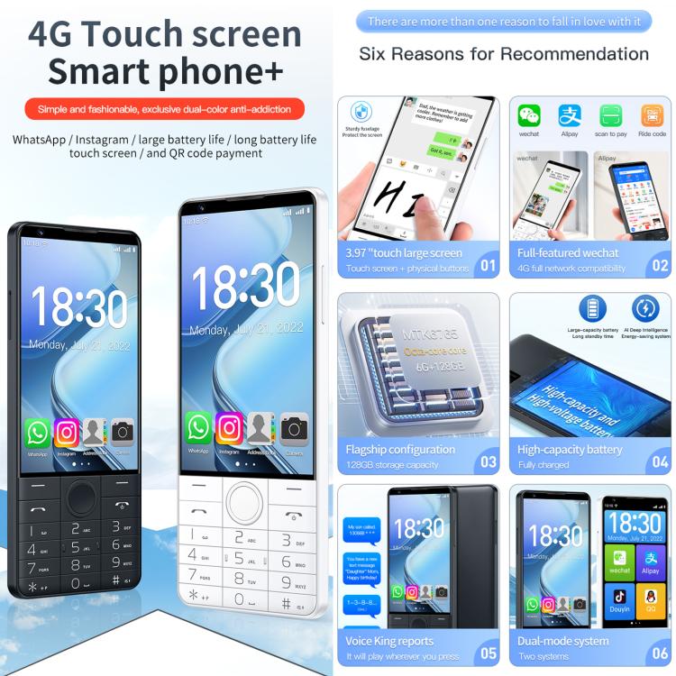 DOOV R70 按鍵手機，6GB+128GB，4 吋 Android 13 聯發科 MT6762 八核心，網路：4G，支援 Google 商店，有相機，有相機