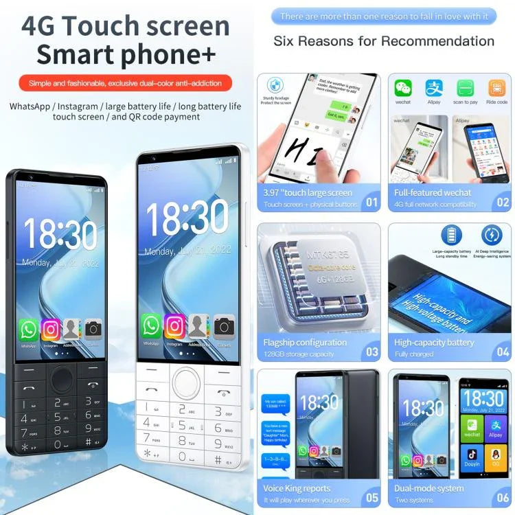 DOOV R70 按鍵手機，6GB+128GB，4 吋 Android 13 聯發科 MT6762 八核心，網路：4G，支援 Google 商店，無相機，無相機