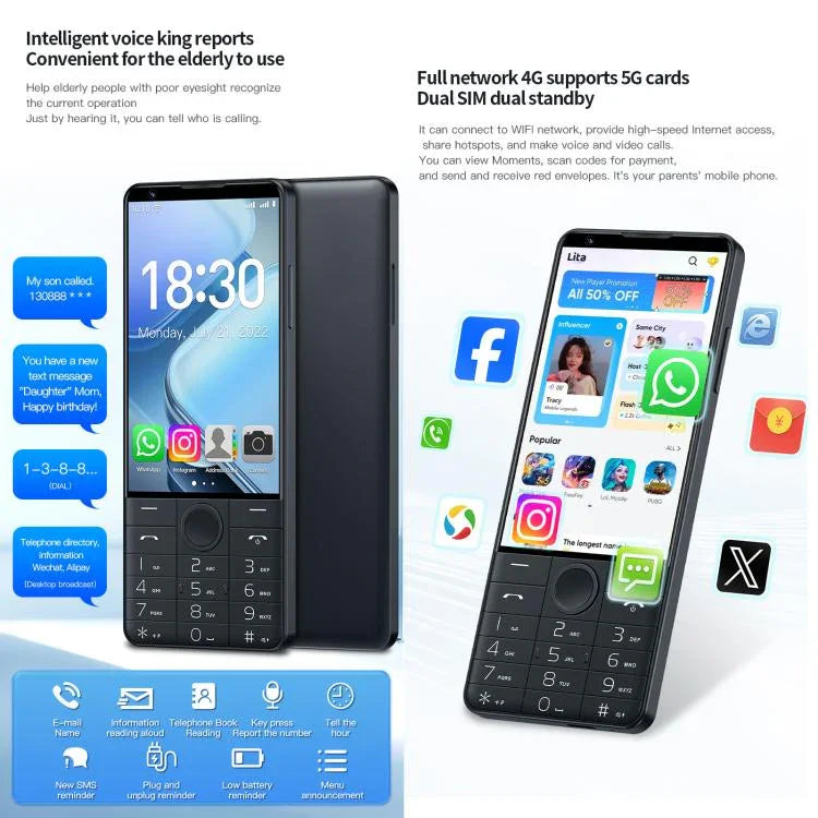 DOOV R70 按鍵手機，6GB+128GB，4 吋 Android 13 聯發科 MT6762 八核心，網路：4G，支援 Google 商店，無相機，無相機