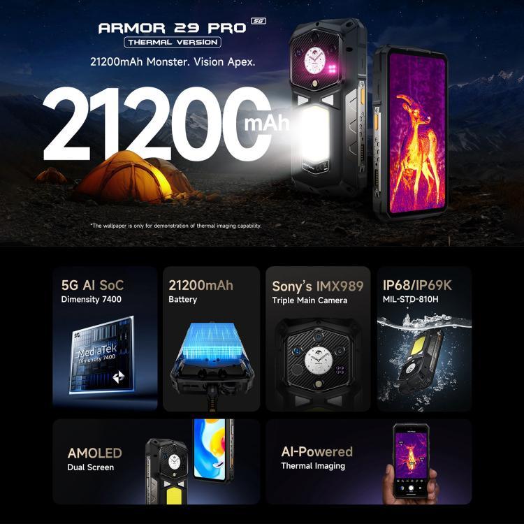 Ulefone Armor 29 Pro 熱感版本堅固型手機，16GB+512GB，夜視，6.67 吋 + 1.04 吋 Android 15 MediaTek Dimensity 7400 八核心，網路：5G，OTG，NFC，Armor 29 Pro 熱感版本