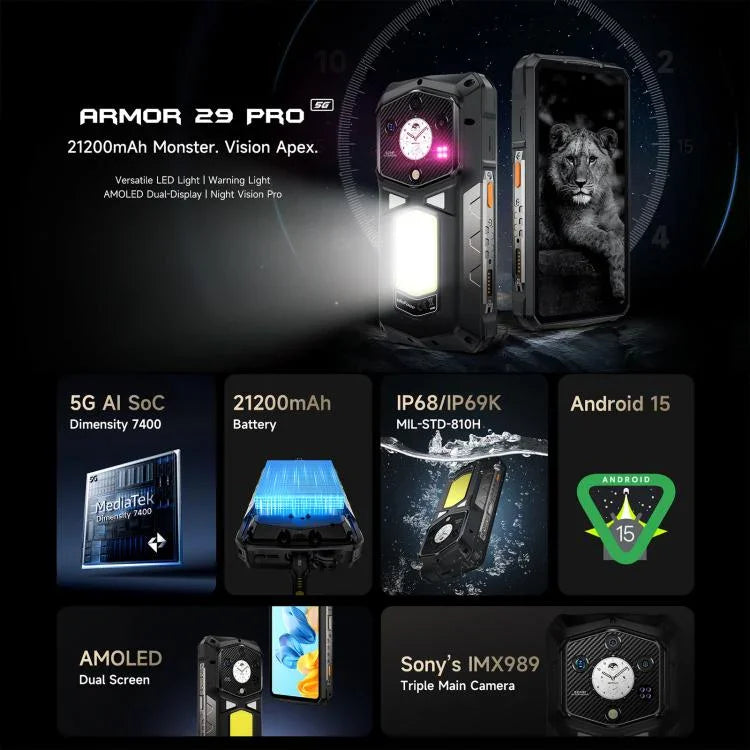 Ulefone Armor 29 Pro 堅固型手機，16GB+512GB，夜視，6.67 吋 + 1.04 吋 Android 15 MediaTek Dimensity 7400 八核心，網路：5G，OTG，NFC，Armor 29 Pro