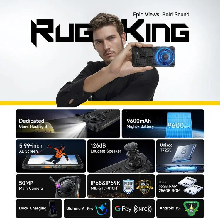 Ulefone RugKing，8GB+256GB，IP68/IP69K 堅固型手機，5.99 吋 Android 15 Unisoc T7255 八核心，網路：4G，NFC，OTG，RugKing，8GB+256GB