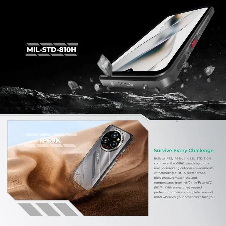 Oukitel WP62 耐用手機，12GB+512GB，108MP 相機，指紋辨識，6.6 吋 Android 15 MediaTek Dimensity 7025 八核心，NFC，OTG，網絡：5G，12GB+512GB