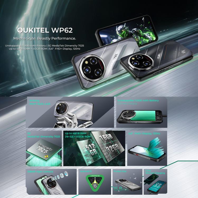 Oukitel WP62 耐用手機，8GB+256GB，108MP 相機，指紋辨識，6.6 吋 Android 15 MediaTek Dimensity 7025 八核心，NFC，OTG，網絡：5G，8GB+256GB