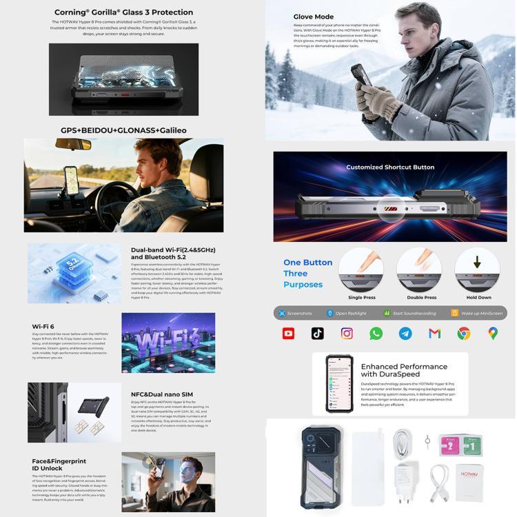 HOTWAV Hyper 8 Pro 耐用手機，12GB+512GB，6.6 吋 Android 15 MediaTek MT8791 Dimensity 7050 八核心，網路：5G，OTG，NFC，Hyper 8 Pro