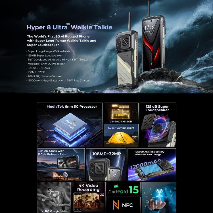 HOTWAV Hyper 8 Ultra 對講機堅固手機，12GB+512GB，6.8 吋 Android 15 MediaTek MT8791 Dimensity 7050 八核心，網路：5G，OTG，NFC，Hyper 8 Ultra