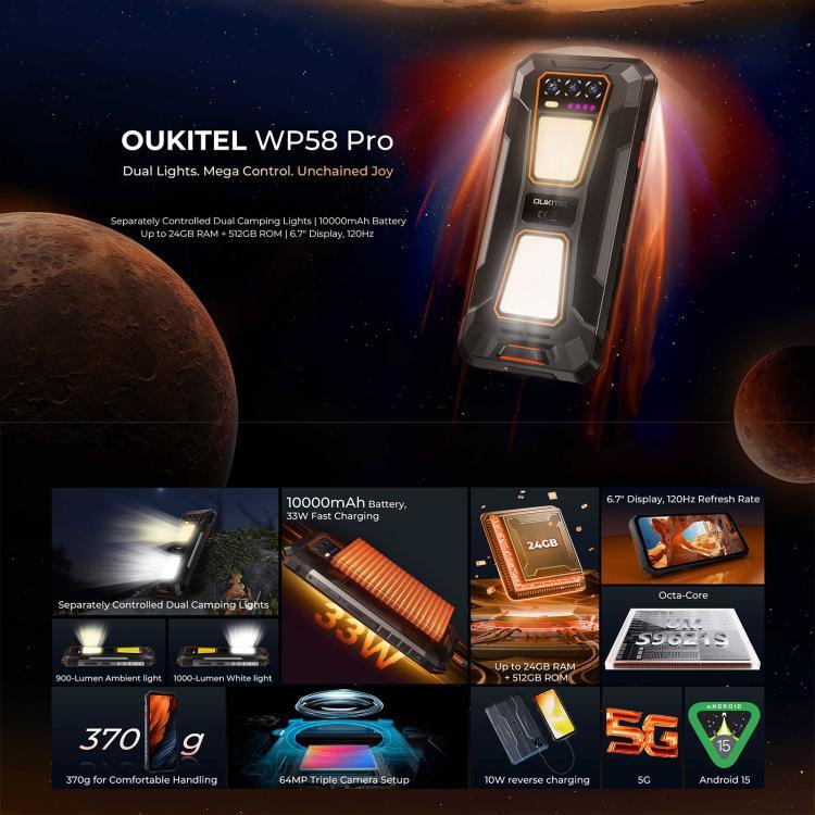 Oukitel WP58 Pro 堅固型手機，8GB+512GB，側邊指紋識別，6.7 吋 Android 15 UMS9621S 八核心，NFC，OTG，網絡：5G，8GB+512GB