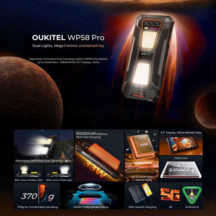 Oukitel WP58 Pro 耐用手機，8GB+256GB，側邊指紋辨識，6.7 吋 Android 15 UMS9621S 八核心，NFC，OTG，網路：5G，8GB+256GB