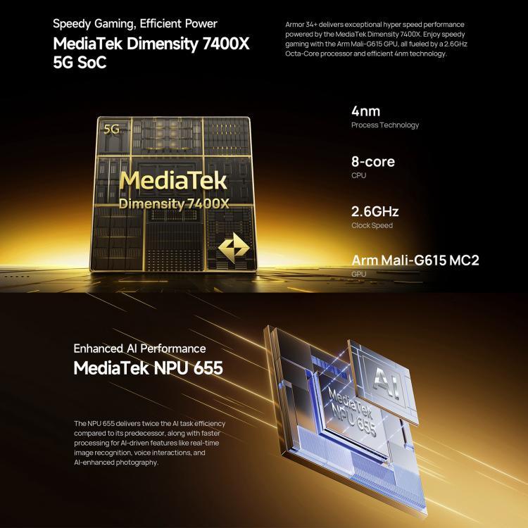 Ulefone Armor 34+，16GB+512GB，夜視，IP68/IP69K 堅固型手機，6.95 吋 Android 15 聯發科天璣 7400X 八核心，網絡：5G，NFC，OTG，Armor 34+
